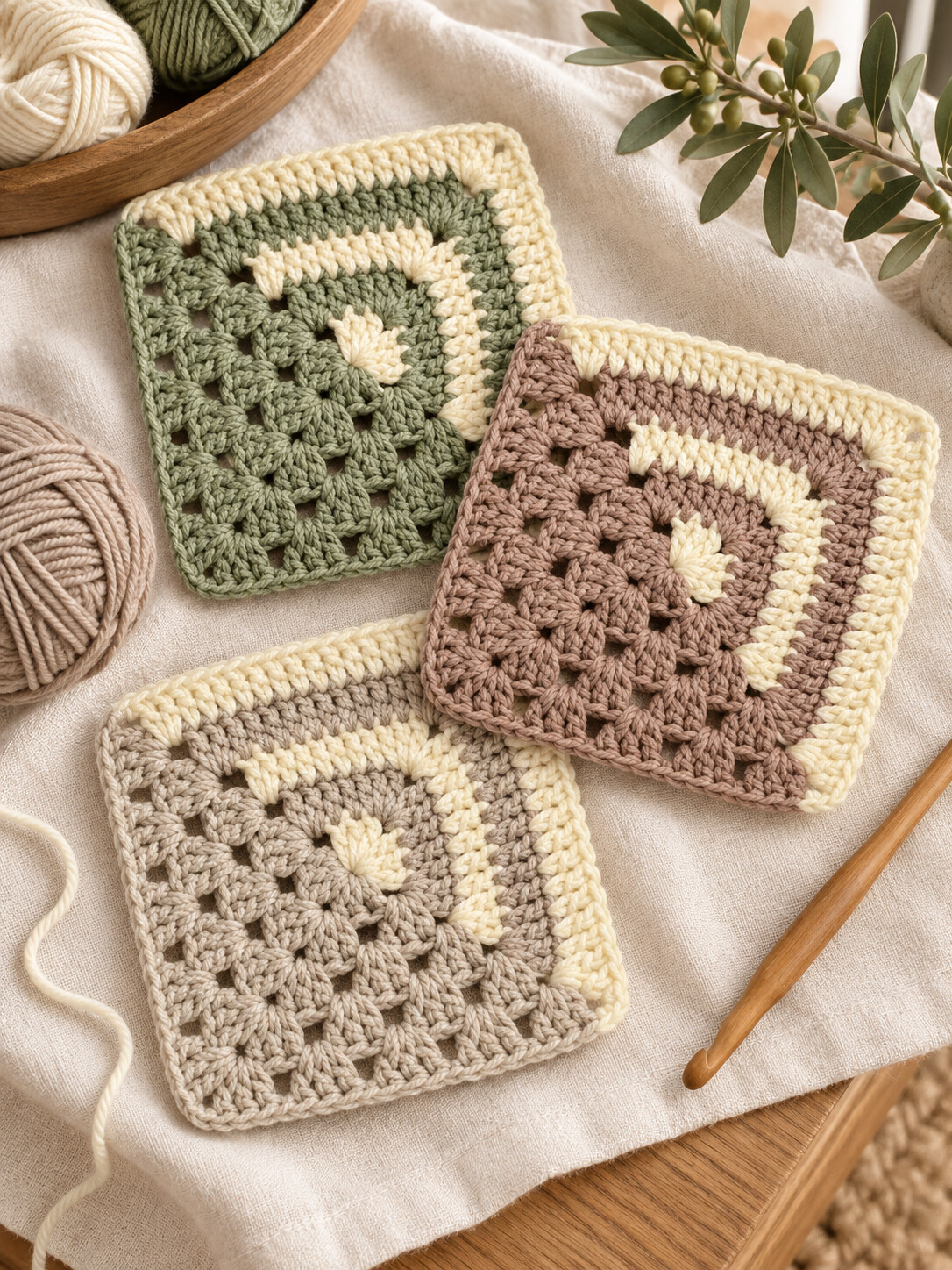 AI colorway idea showing separate classic granny squares in sage, cream and taupe