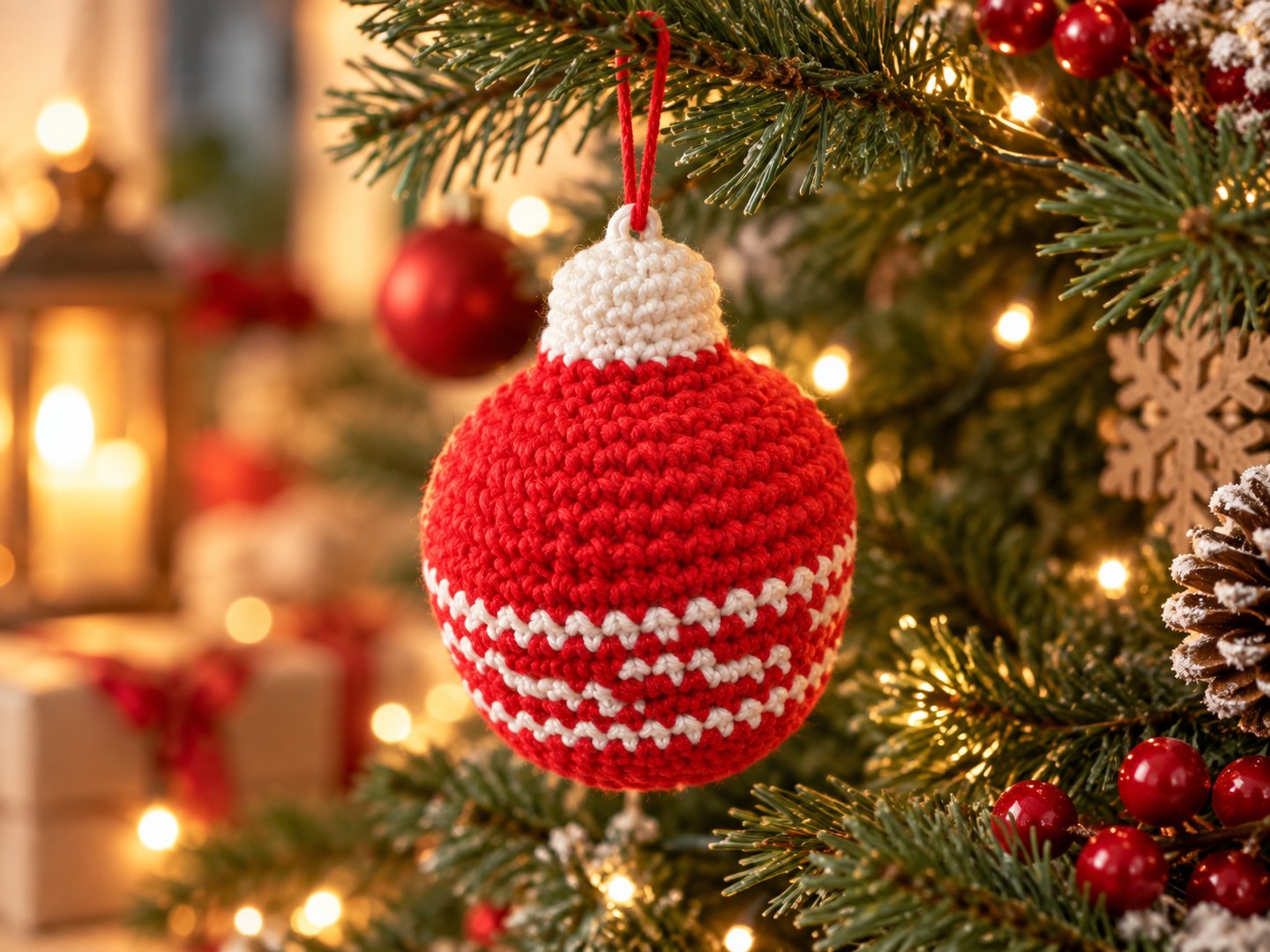 Red and white crochet Christmas bauble ornament on a festive tree