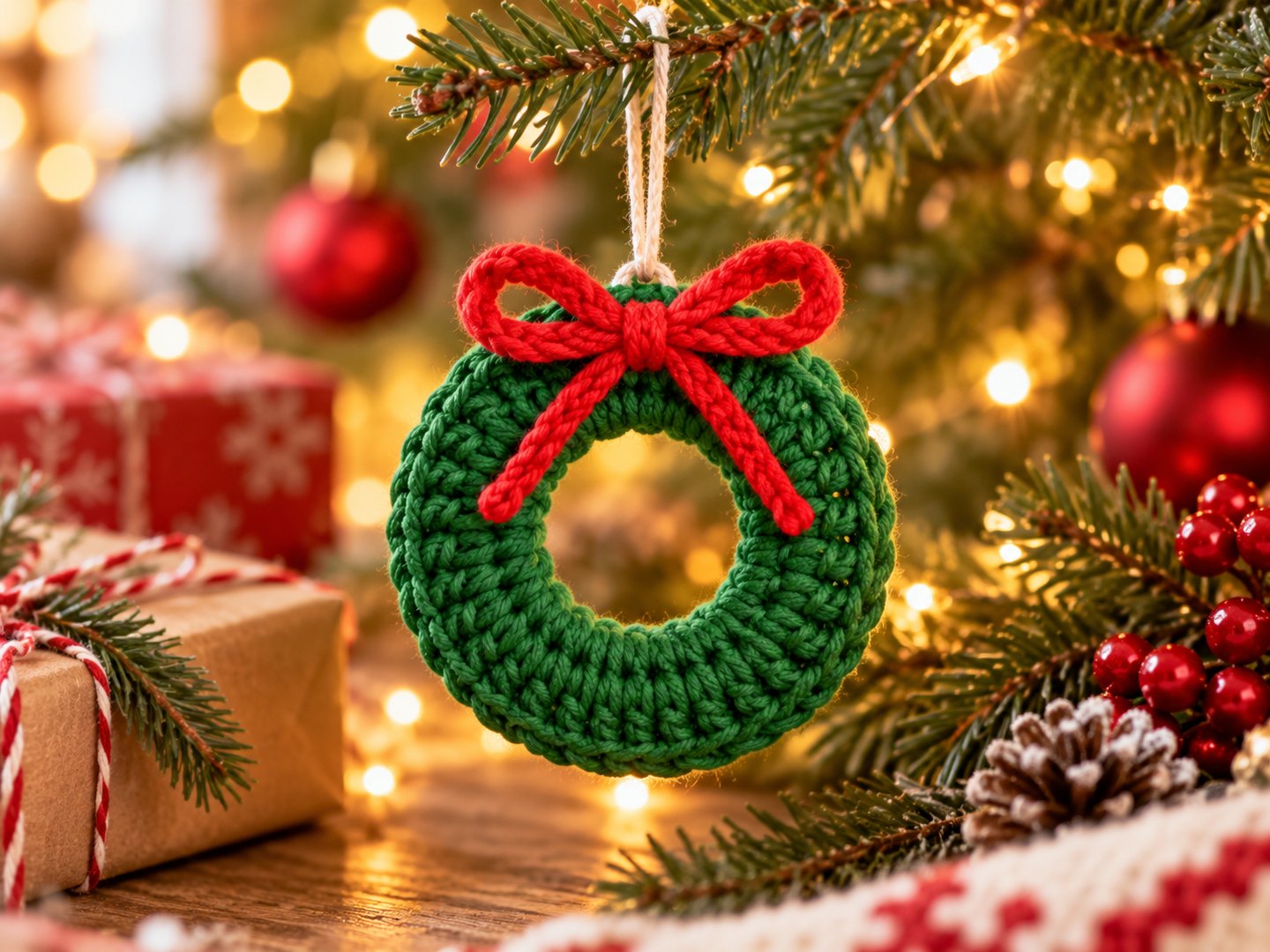 Green crochet Christmas wreath ornament with a red bow