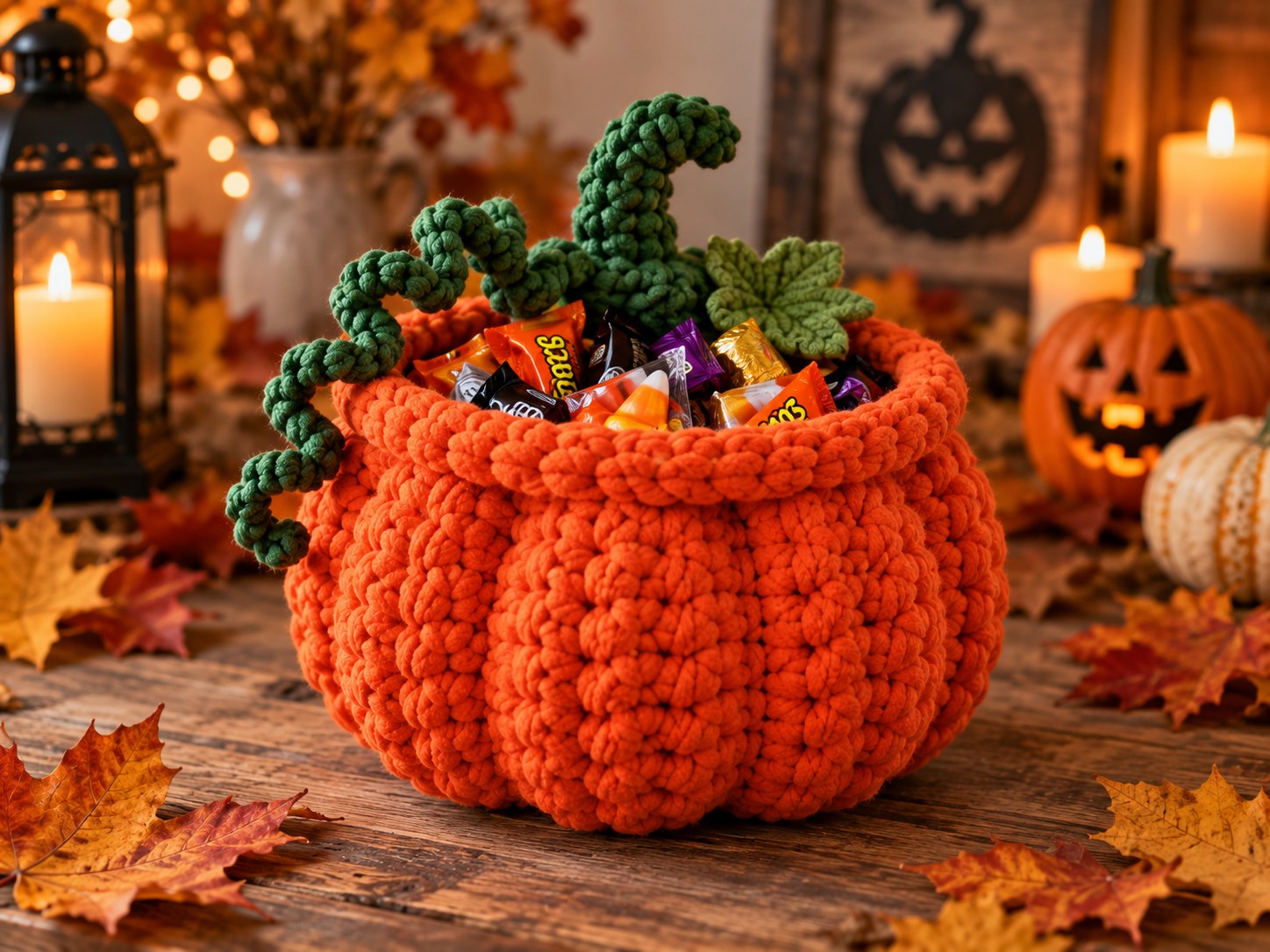 Crochet pumpkin basket Halloween candy holder in orange with green vine details