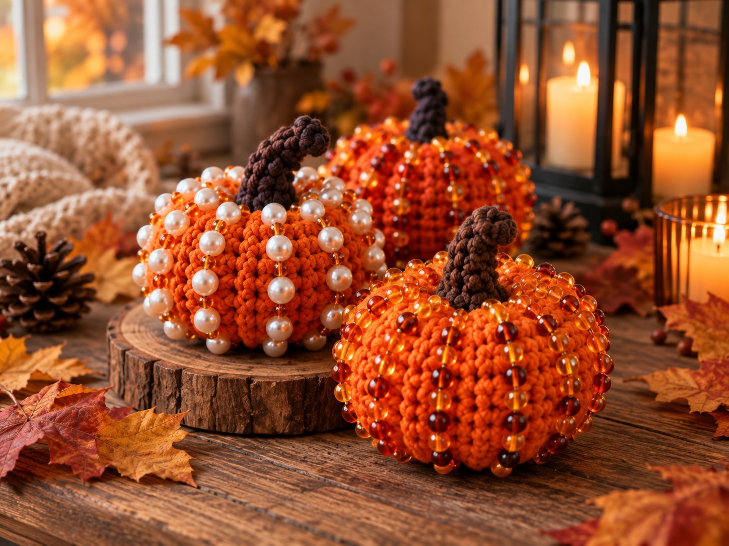 Crochet pumpkin decor with beads styled in a cozy autumn setting