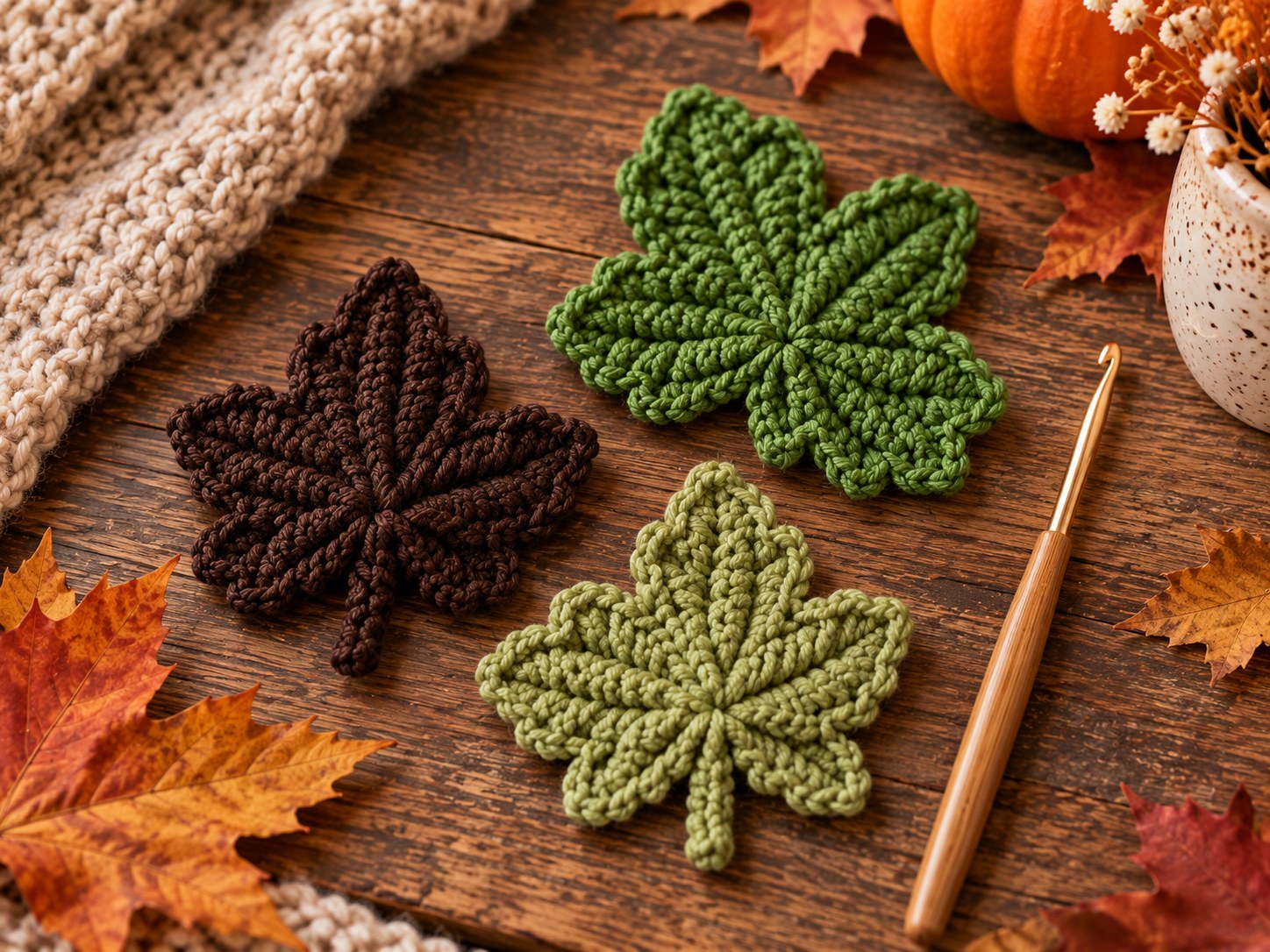 Crochet pumpkin leaf pattern with green and brown handmade leaves for fall decor