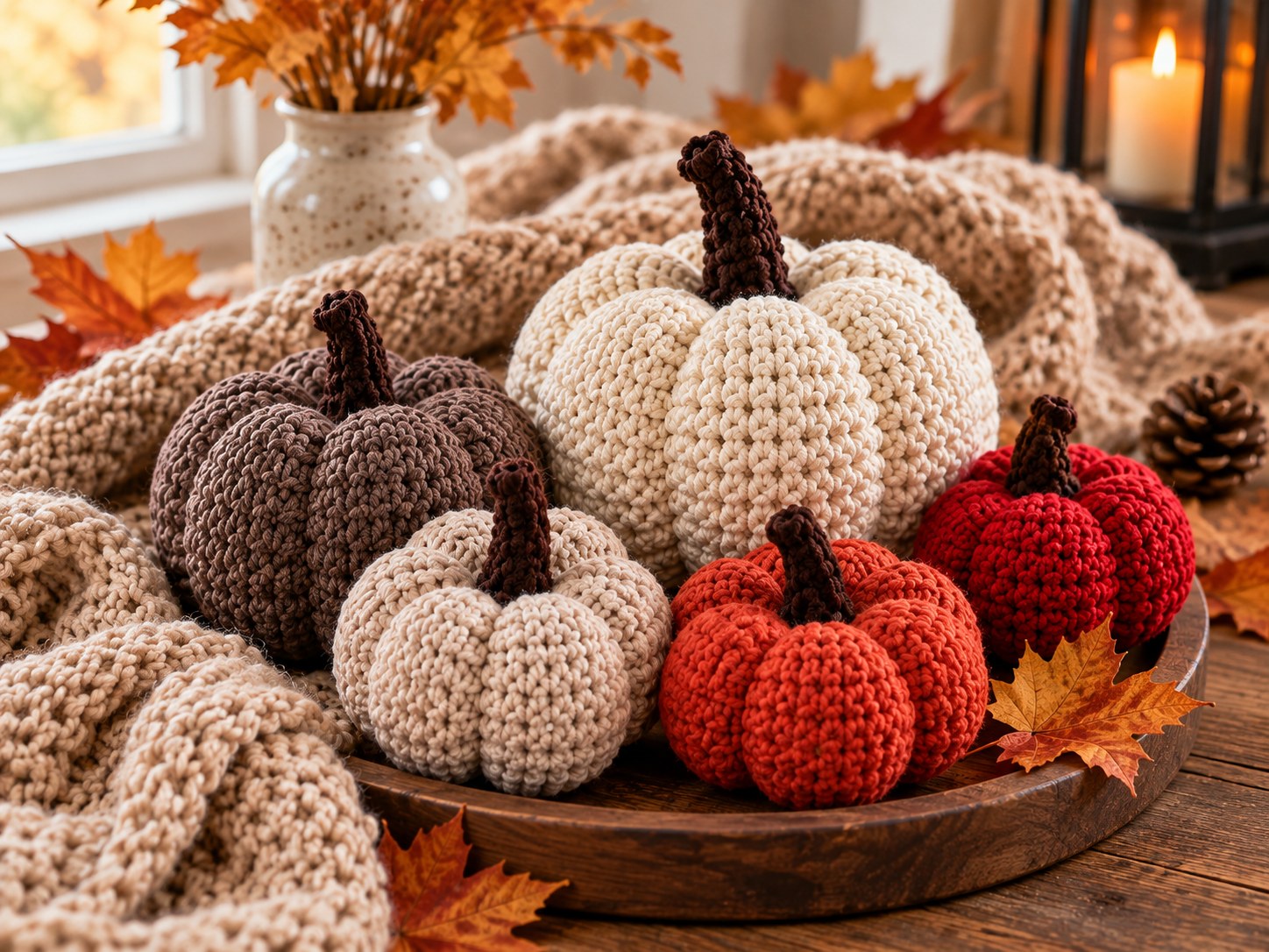 Crochet pumpkin pattern fall decor with handmade pumpkins in cream, brown and orange