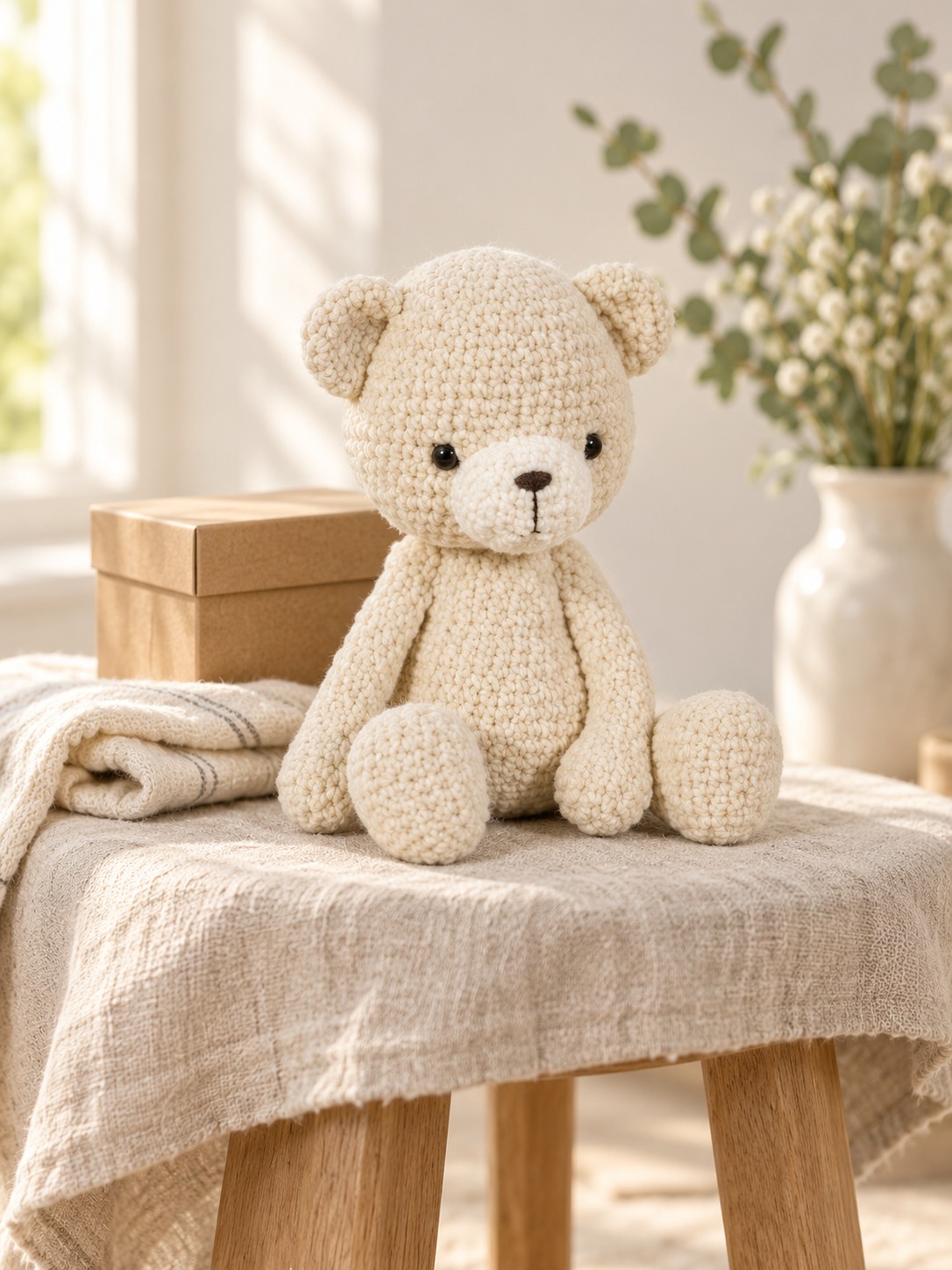 AI-styled illustration of a cream crochet teddy bear sitting on a linen-covered stool
