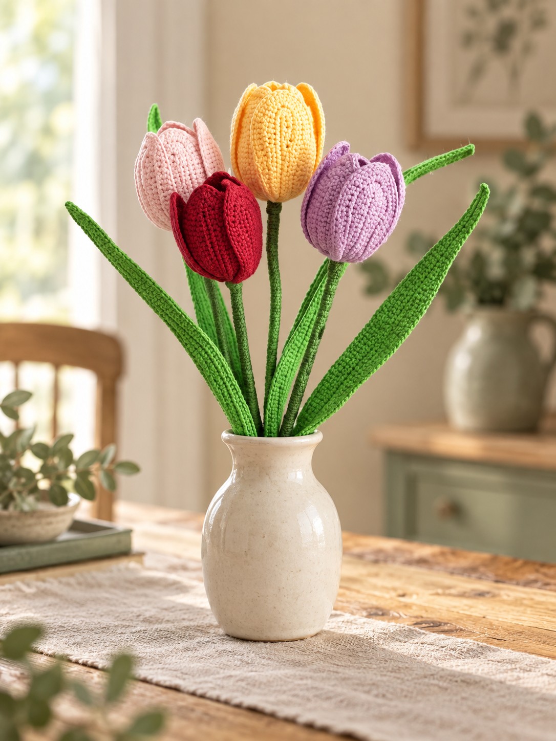 AI-styled illustration of pink red yellow and lavender crochet tulips in an ivory vase