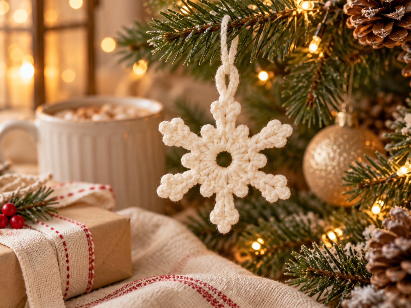 Cream crochet snowflake ornament hanging on a cozy Christmas tree