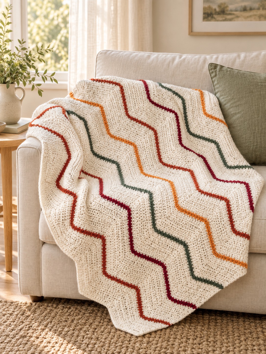 AI-styled Eldoris-inspired oatmeal crochet blanket with narrow colorful chevron stripes