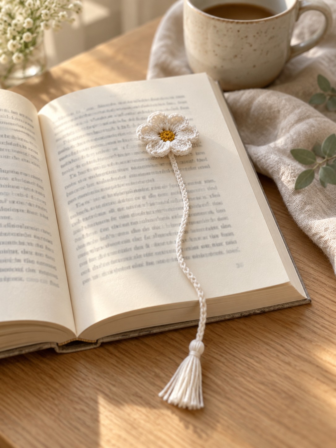 AI-styled illustration of a white crochet flower bookmark with a yellow center and tassel on a book