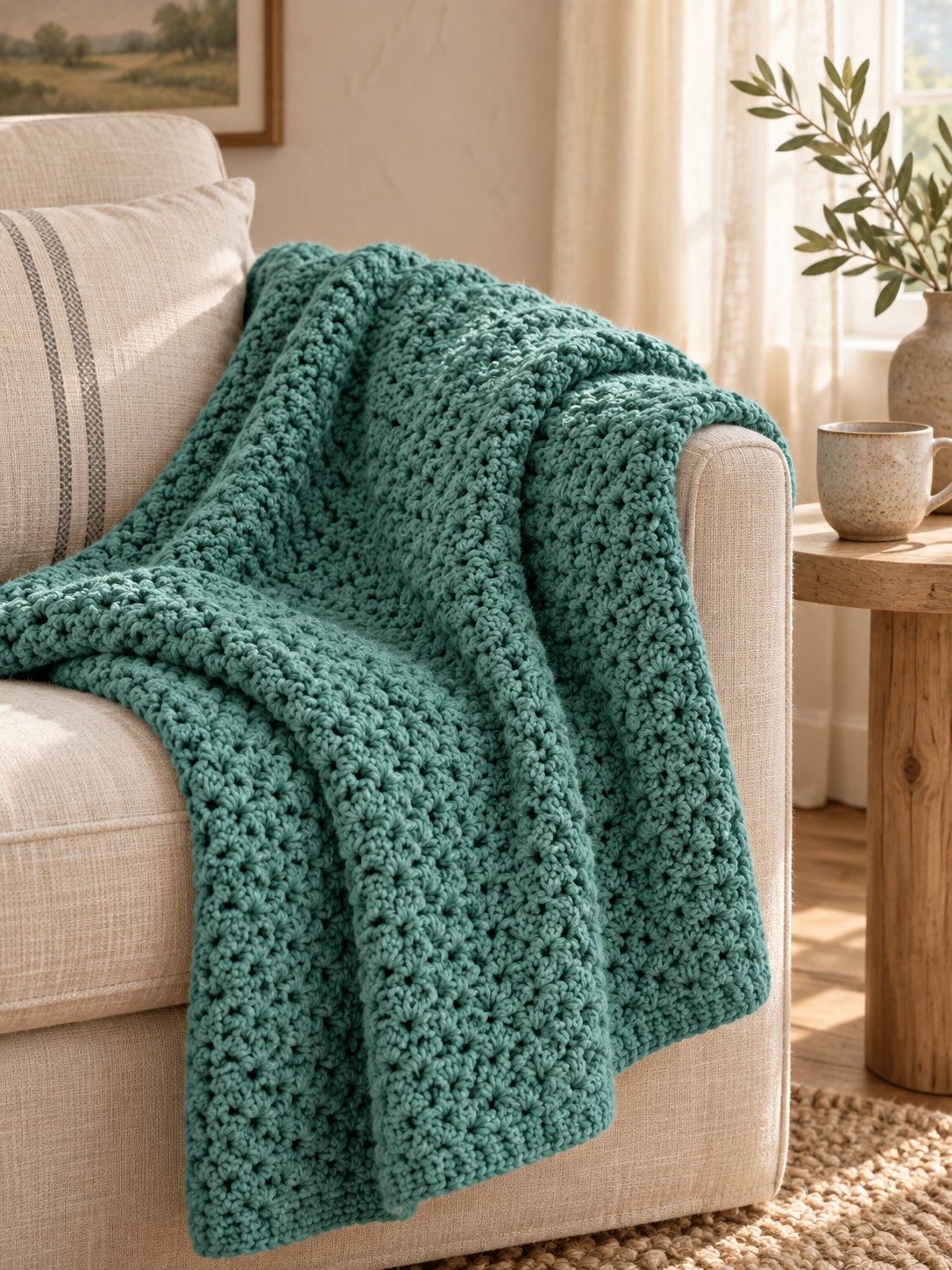 AI-styled teal crochet blanket inspired by French Countryside on a linen armchair