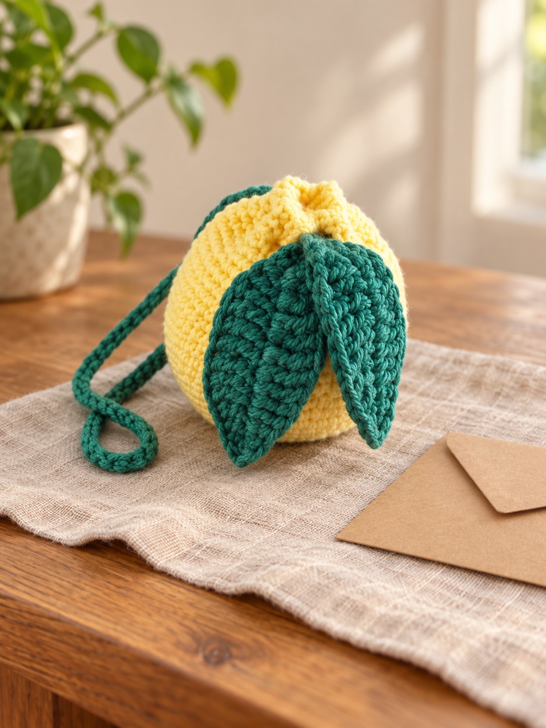 AI-styled illustration of a yellow lemon-shaped crochet drawstring pouch with green leaves