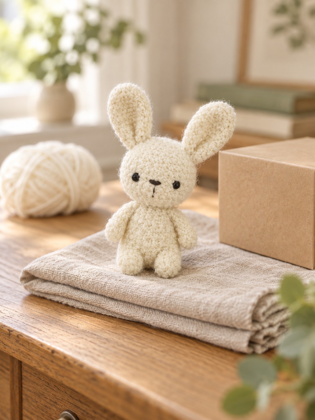 AI-styled illustration of a tiny cream crochet bunny beside a kraft gift box