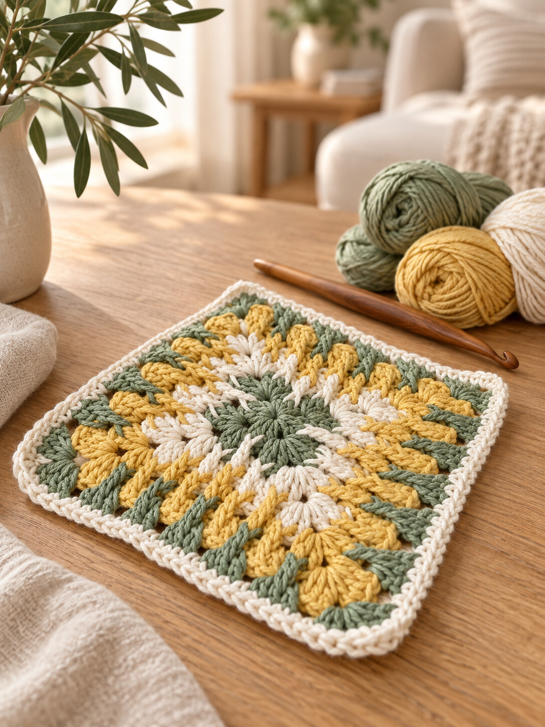 AI colorway idea for a textured mosaic granny square in sage, ivory and muted gold