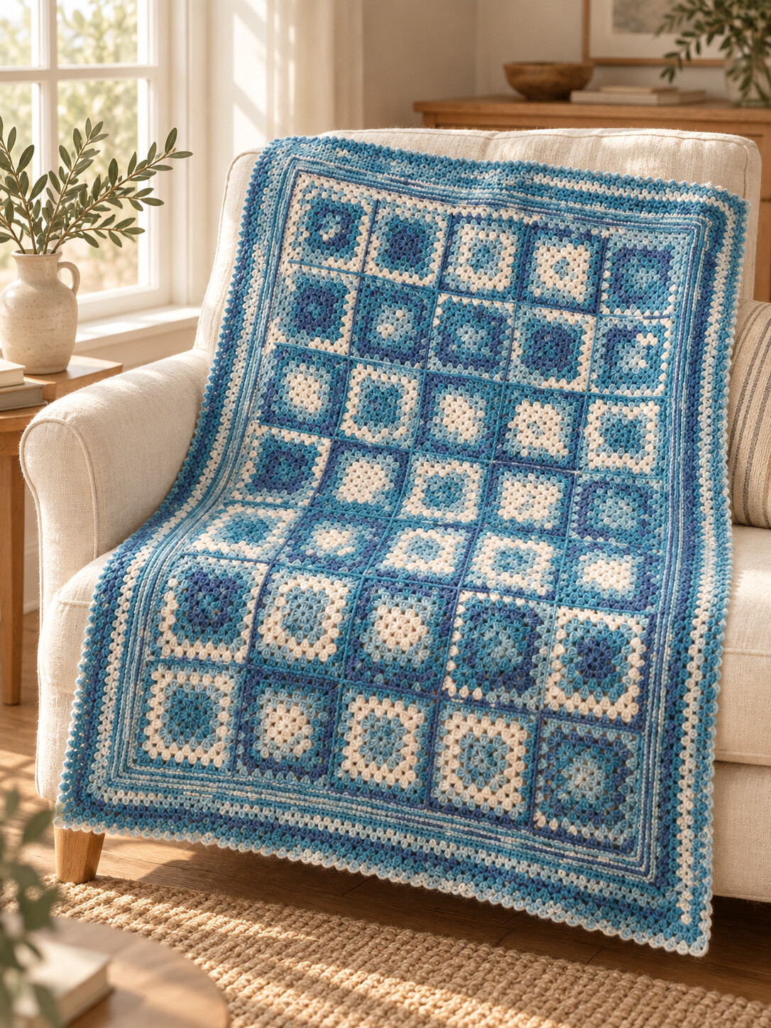 AI styling illustration of a blue and cream granny square blanket on a linen armchair
