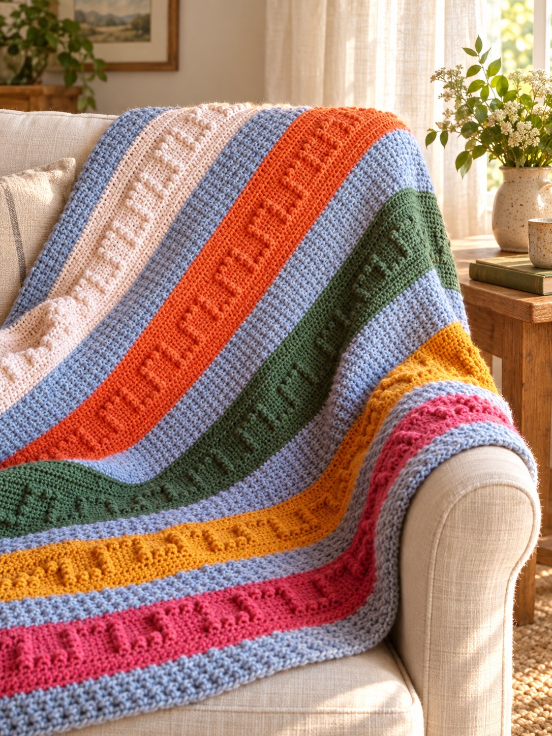 AI-styled Philia-inspired multicolored crochet blanket with geometric raised texture