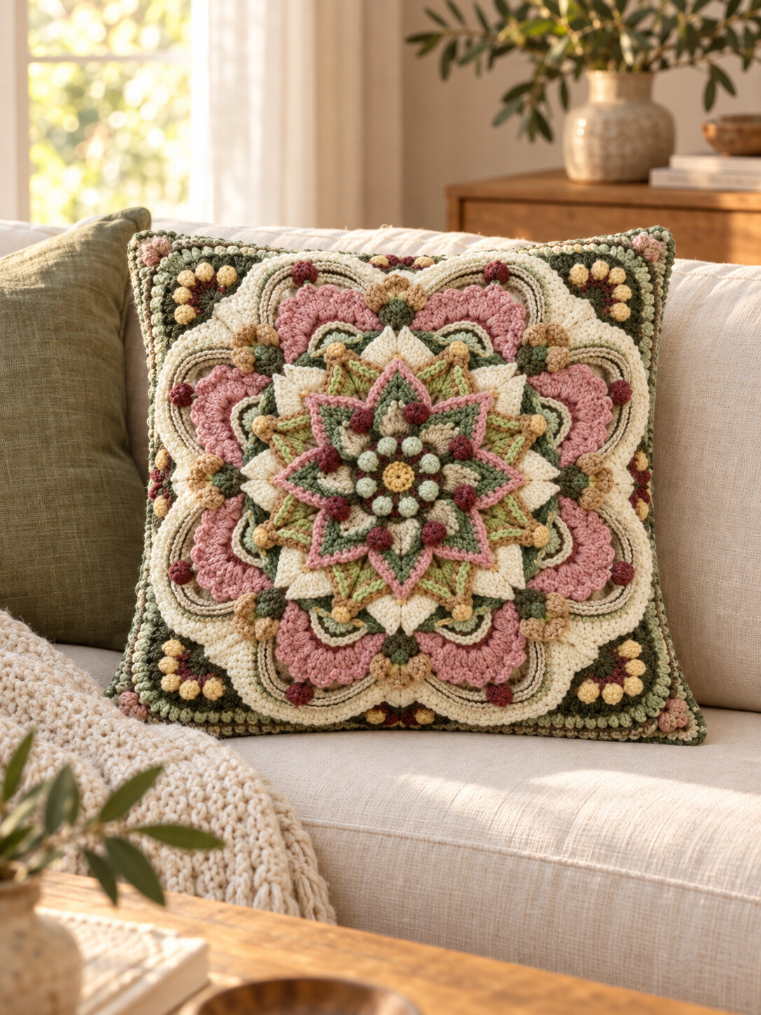 AI alternative colorway of a floral mandala cushion in cream, sage and dusty rose