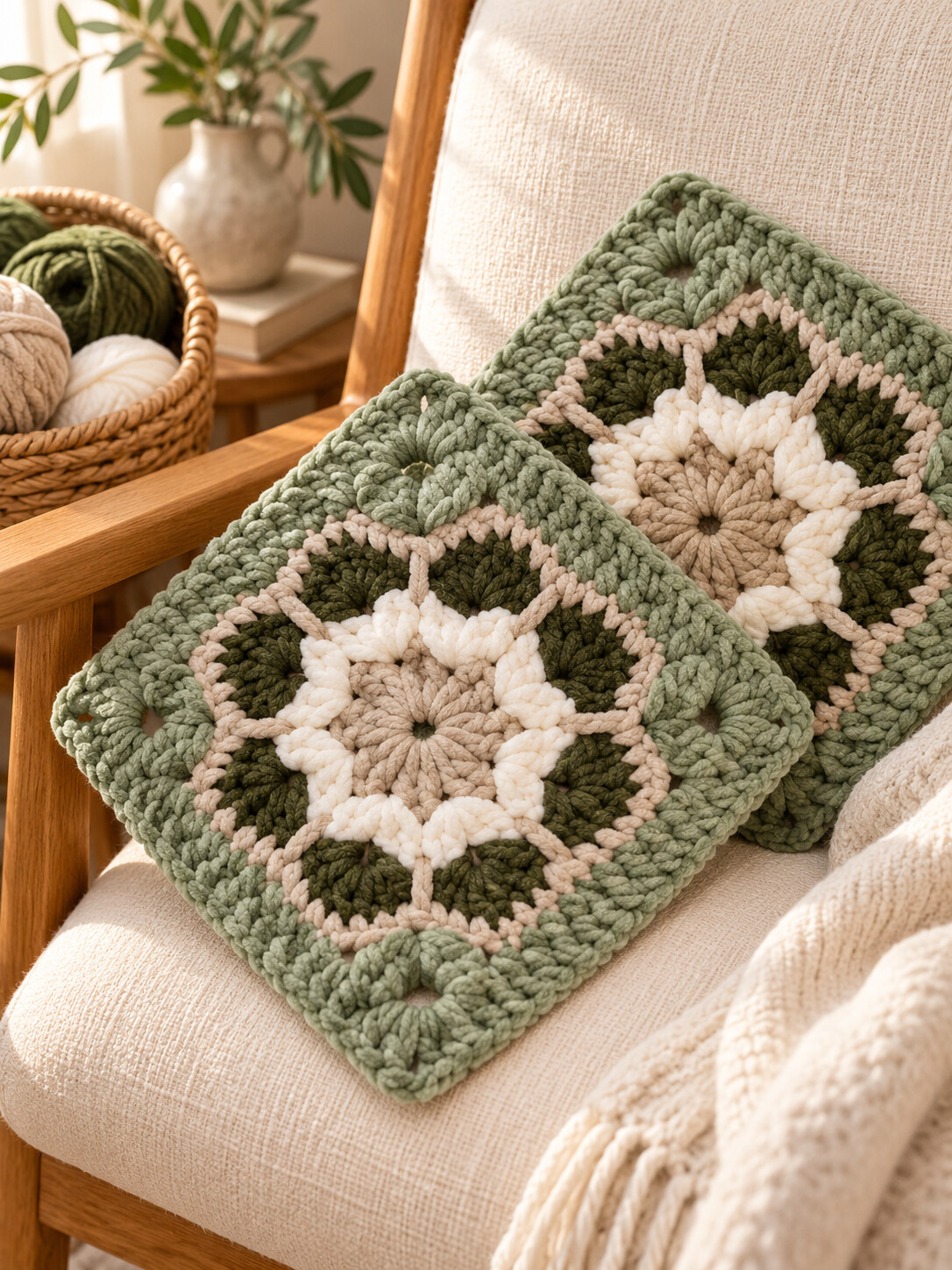 AI colorway illustration of plush floral granny square samples in ivory, sage and olive