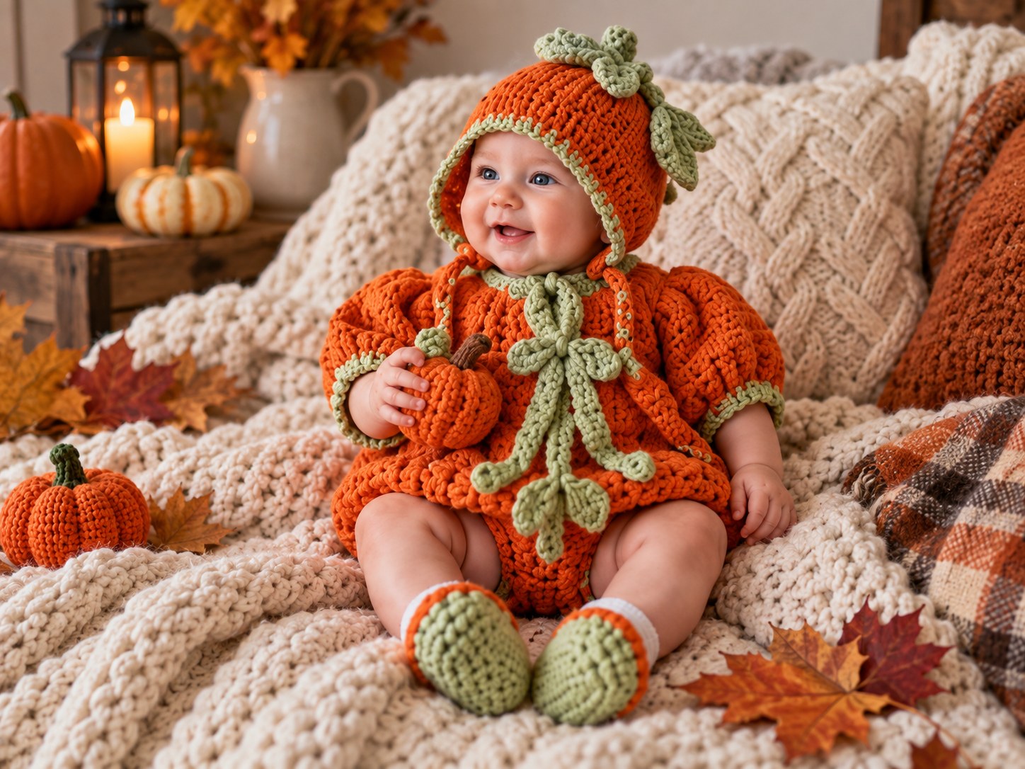 Polly Pumpkin crochet pattern with orange and green baby wearable set