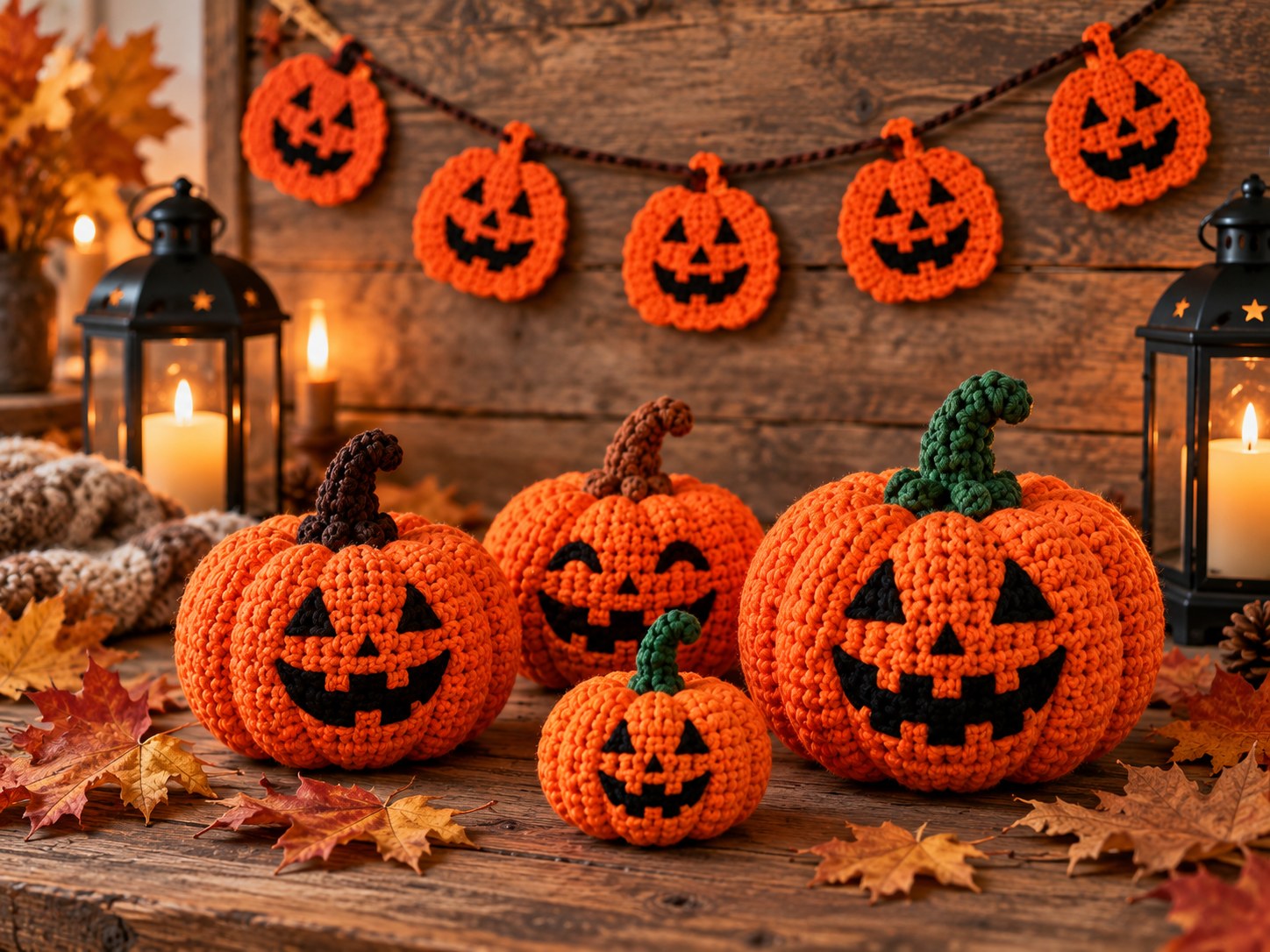Pumpkin jack-o-lantern crochet pattern with orange Halloween motifs and black faces