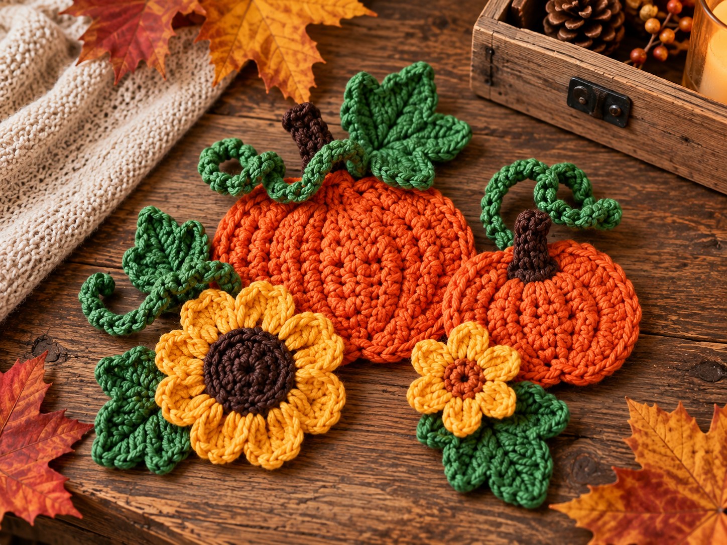 Pumpkin set crochet applique pattern with orange pumpkins, green leaves and yellow flowers