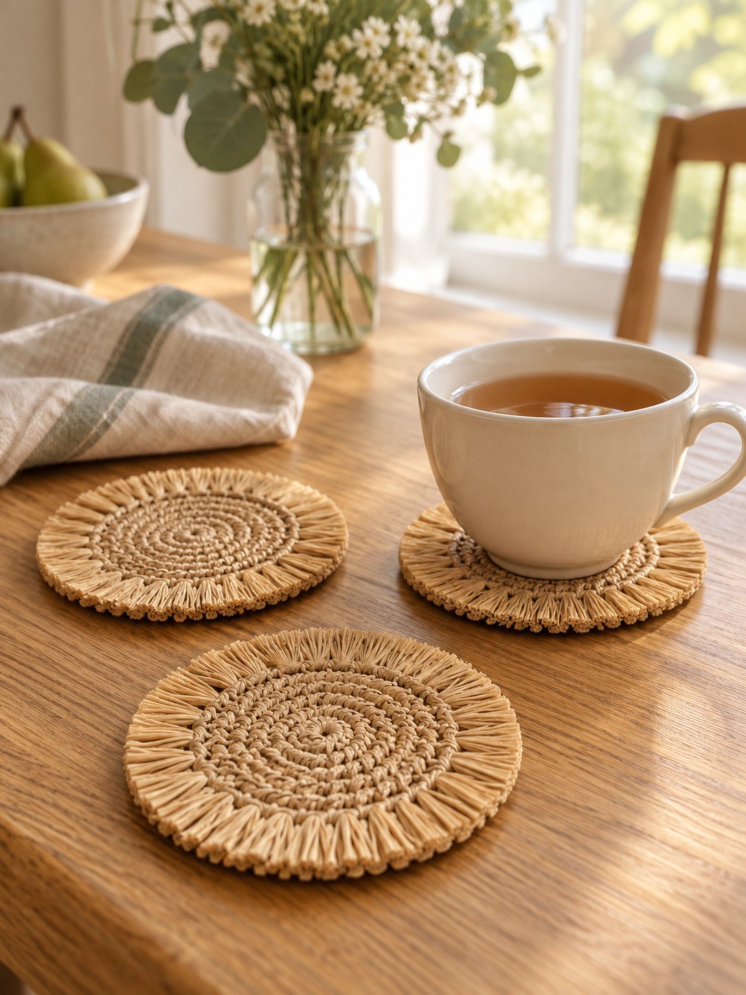 AI-styled illustration of tan raffia crochet coasters with fringed edges on an oak table