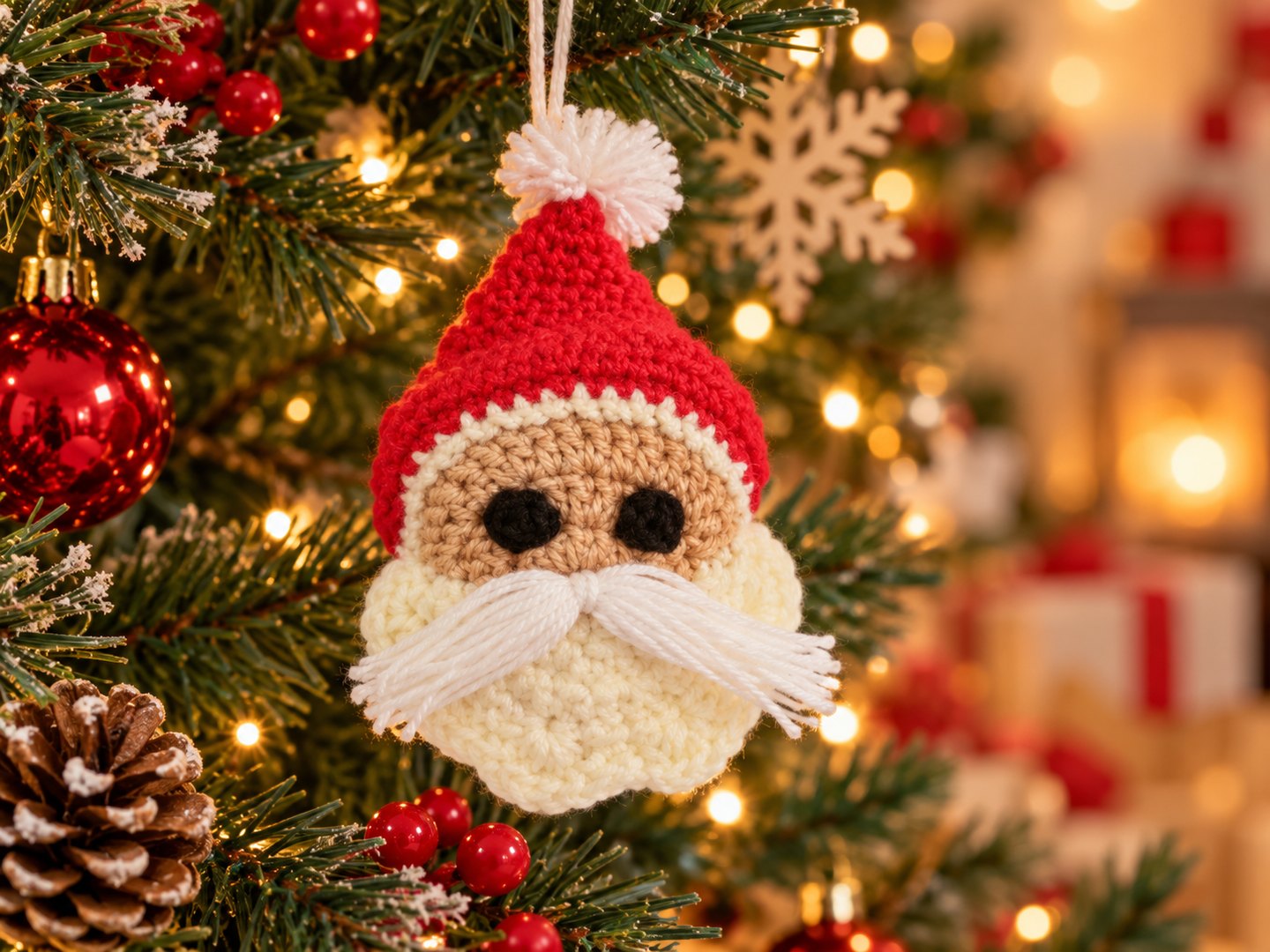 Crochet Santa face ornament with red hat white beard and yarn mustache