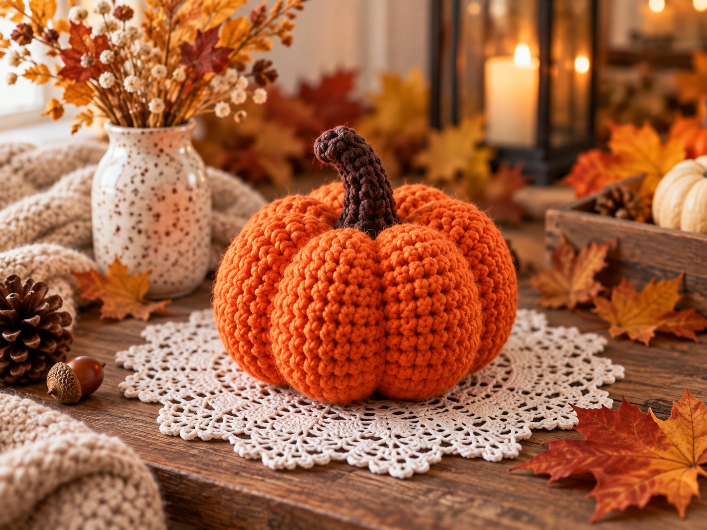 Small crochet pumpkin pattern styled on a cozy autumn table