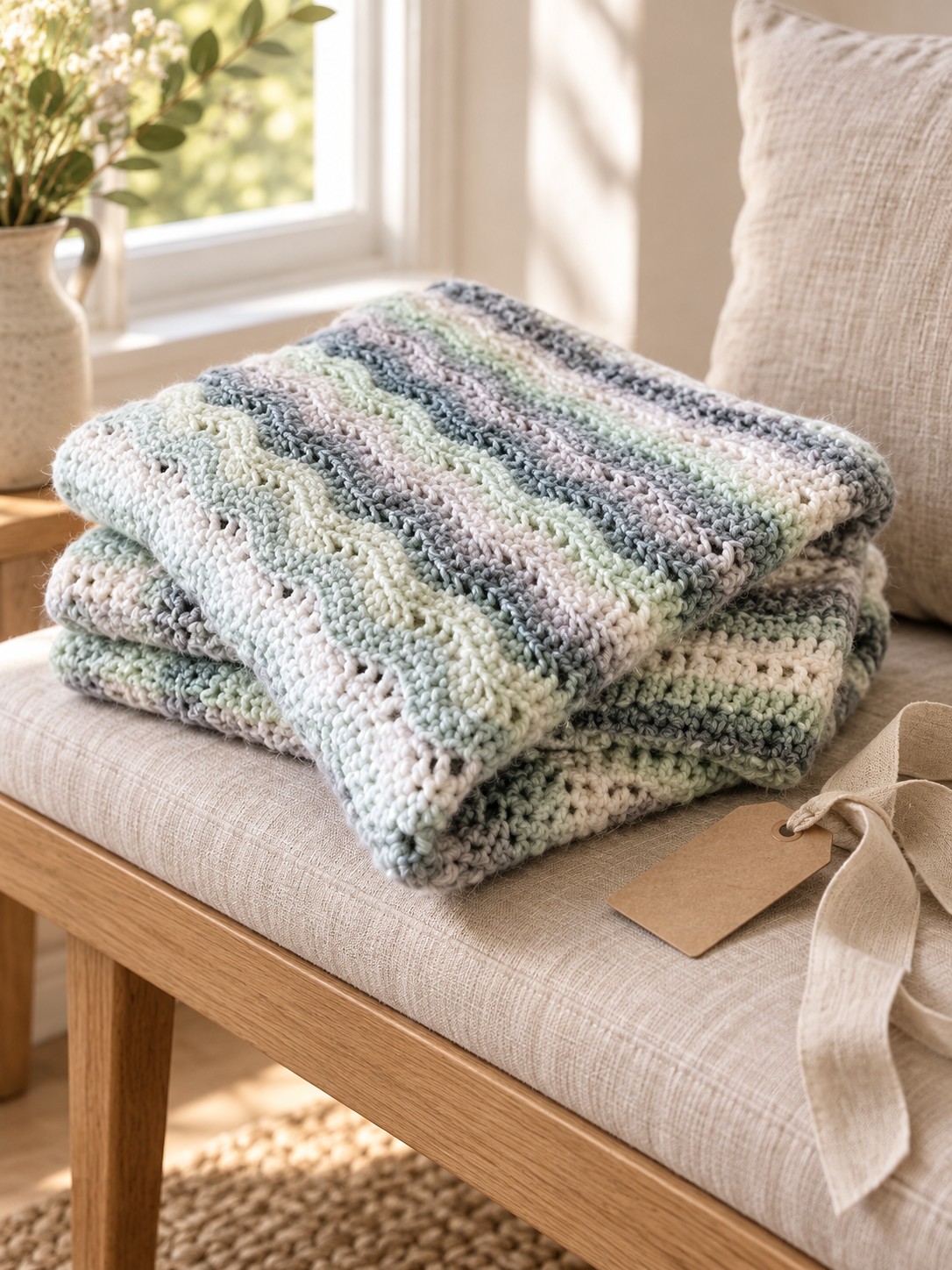 AI-styled illustration of a folded Snuggle Baby Blanket in muted green gray and cream