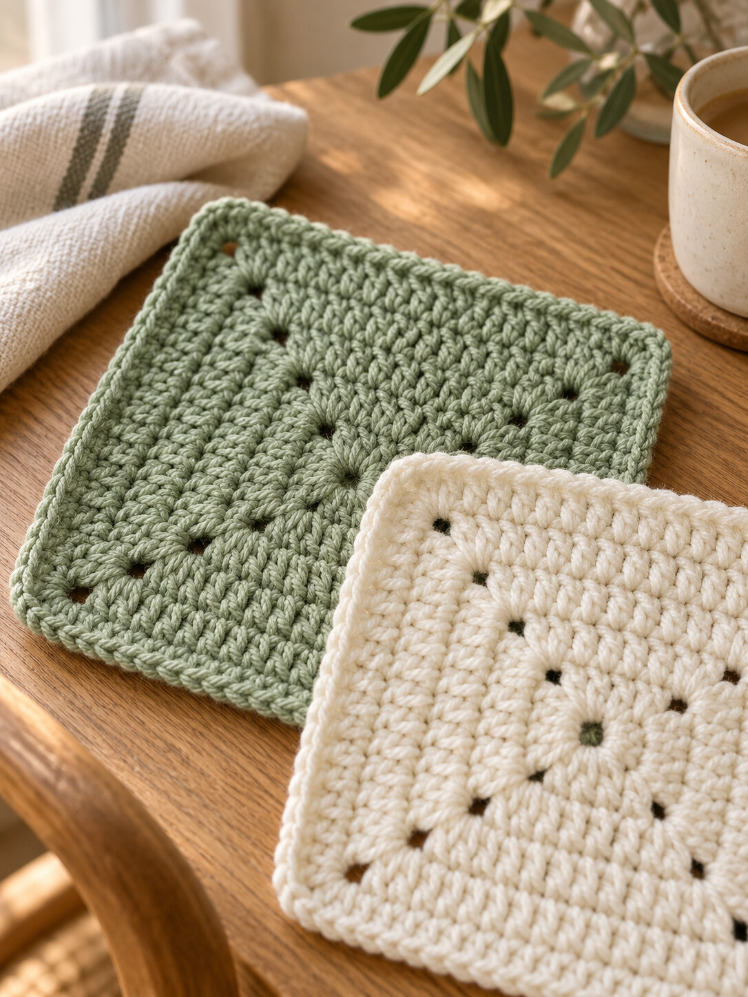 AI styling illustration of dense sage and ivory solid granny square samples