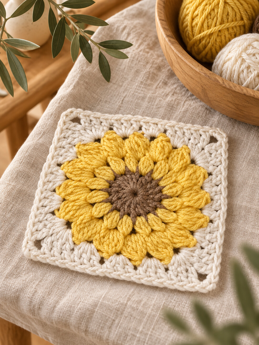 AI illustration of a yellow sunflower crochet motif with a brown center and ivory square border