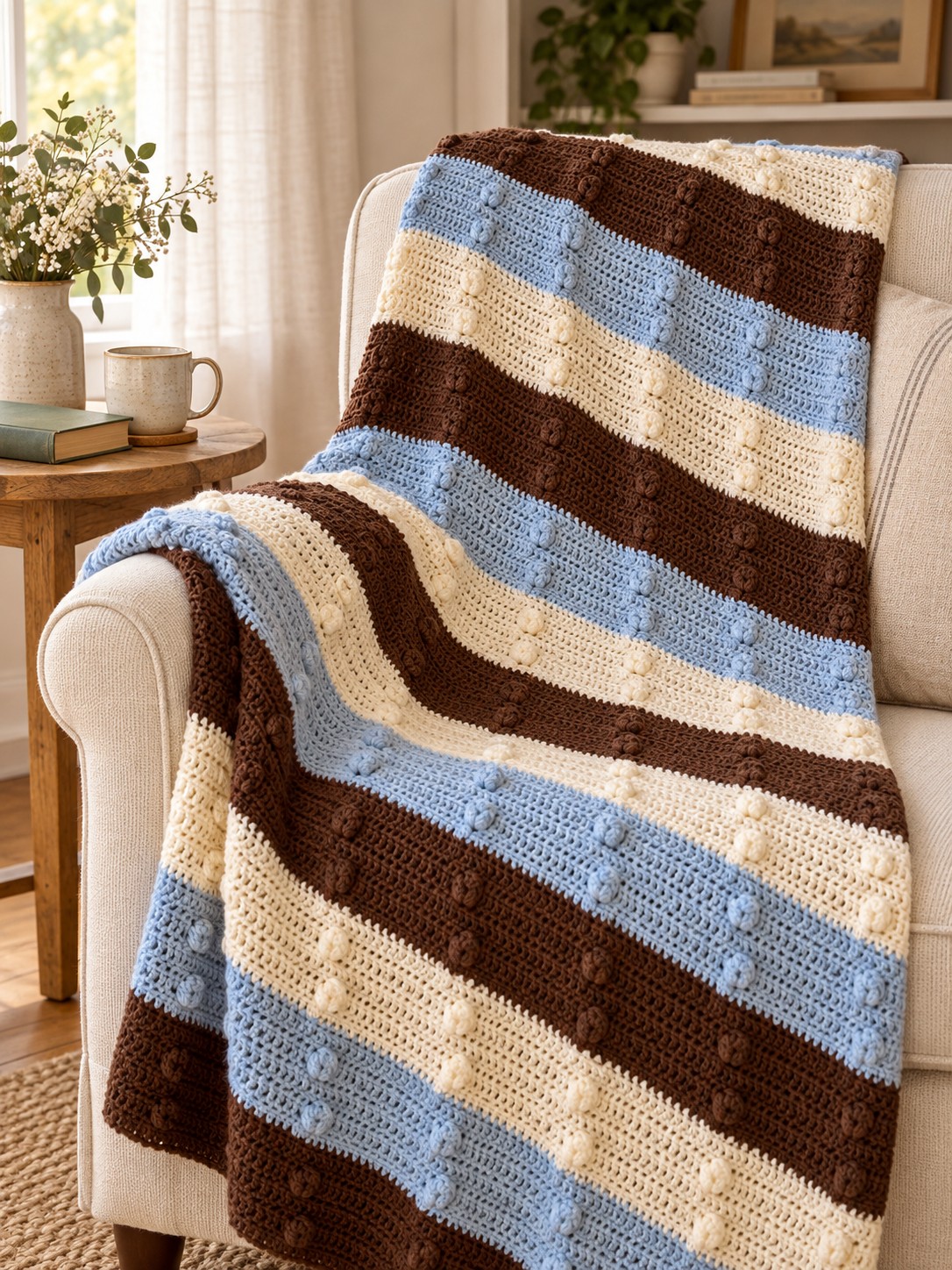 AI-styled Wintree Nights-inspired crochet blanket in cream brown and pale blue with bobble rows
